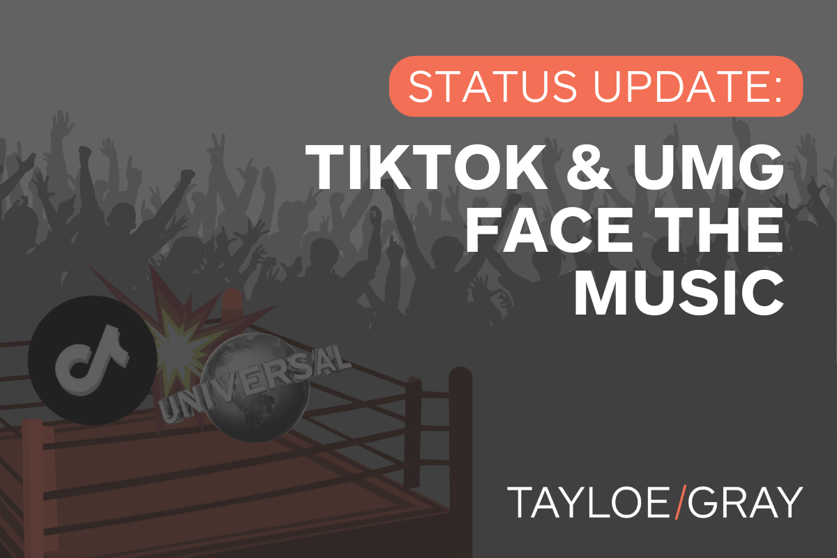 TikTok logo "fighting" Universal logo in a boxing ring while an enthusiastic crowd overlooks. Text on top reads "Status Update: TikTok & UMG Face The Music"