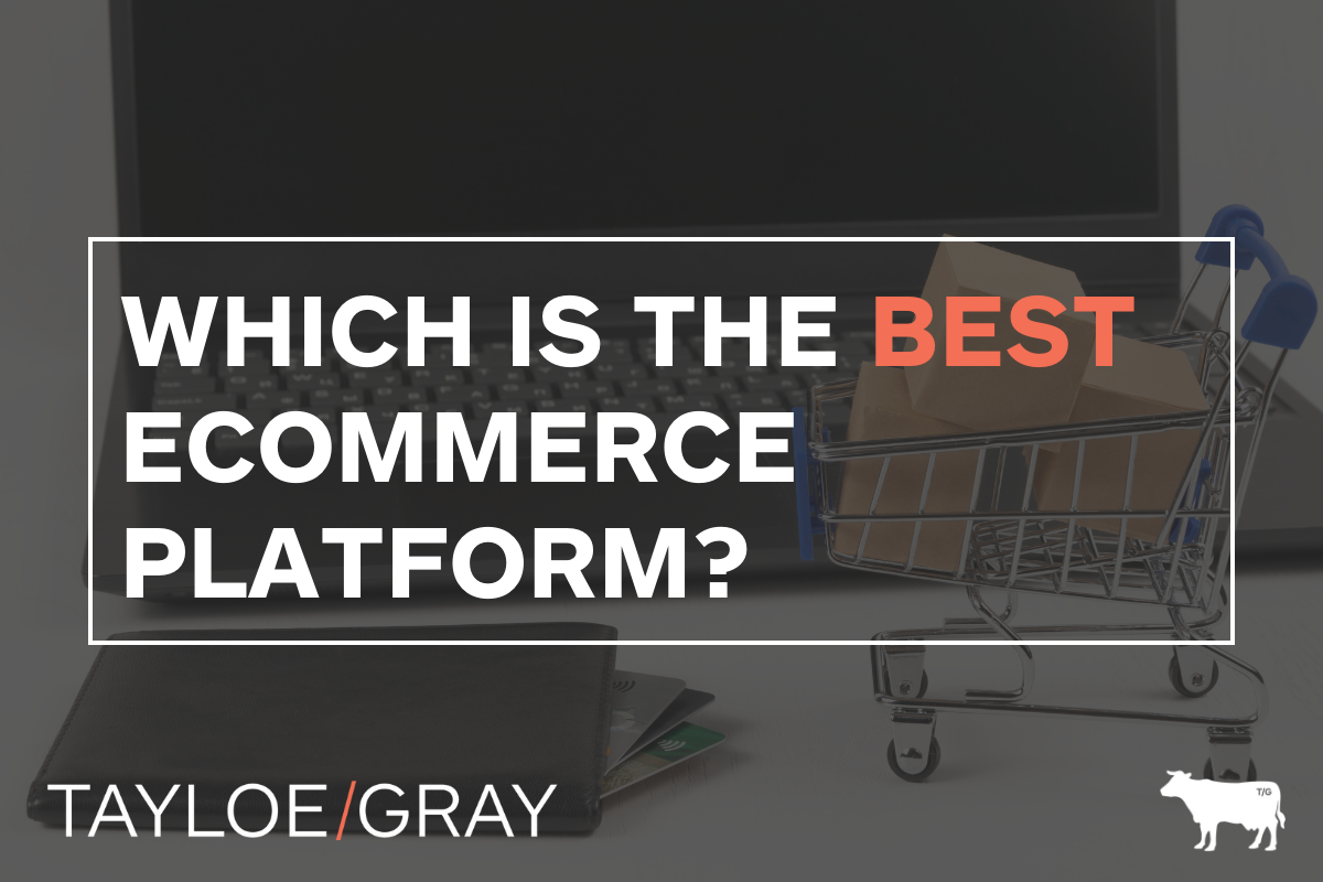 A tiny shopping cart with boxes in it, next to a wallet in front of an open laptop. Overlaid are the words: Which is the best ecommerce platform?